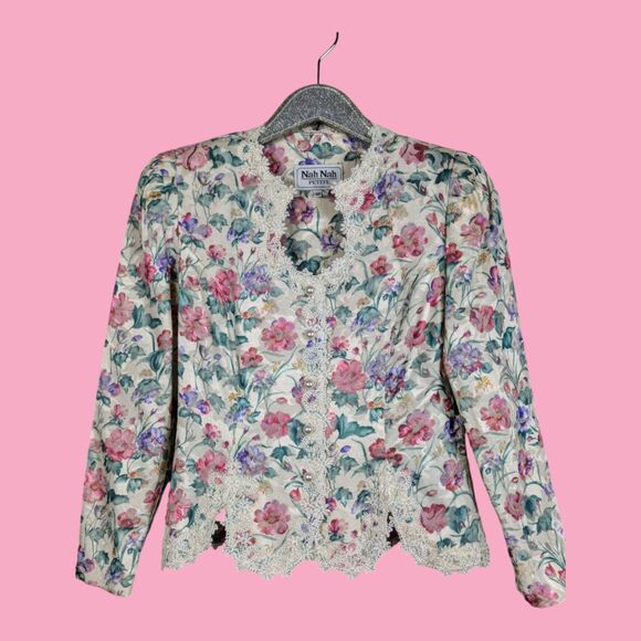 Vintage Floral Brocade Pearl-Button Coastal Grandma English Garden Jacket 4P - Picture 1 of 10